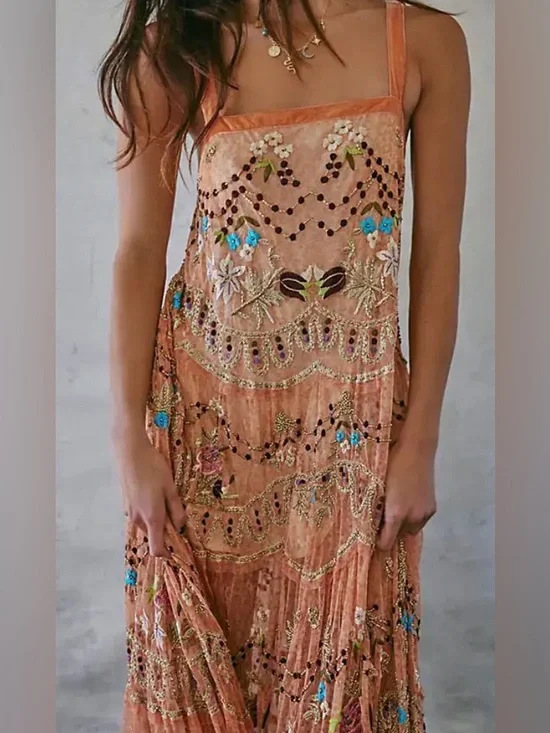EXQUISITE Free People Peach Embroidered and beaded Maxi Dress - Picture 1 of 14